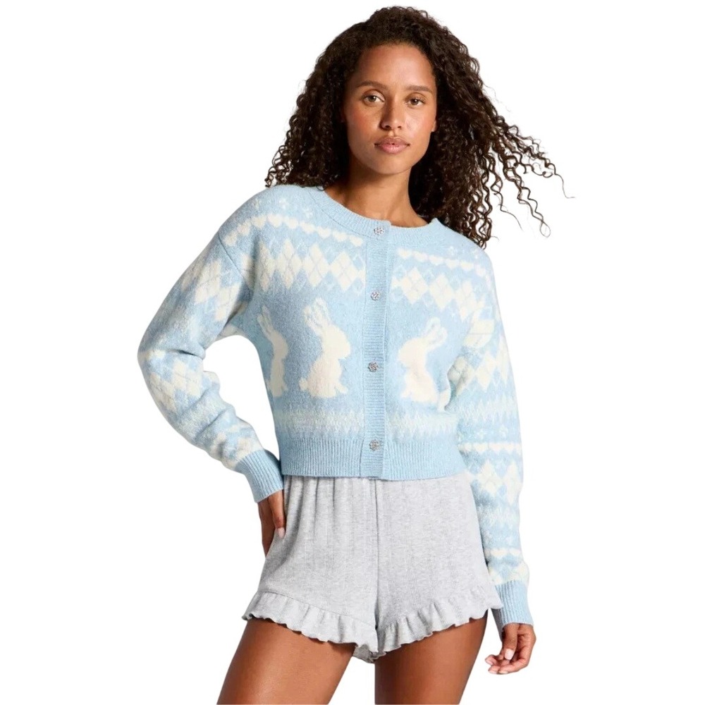 Wild Fable Women's Blue Bunny Argyle Cropped Cardigan Sweater Size XS